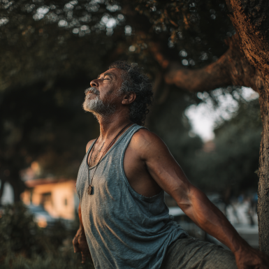 Grupo de adultos mayores practicando yoga en comunidad con alegría y bienestar